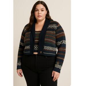 New Identity 100% Cotton Southwestern Knit Cropped Cardigan Jacket Size Large